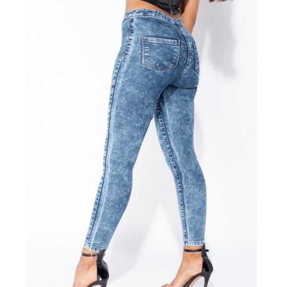 Blue Acid Wash High Waist Skinny Denim Jeggings Pants - Picture 3 of 10
